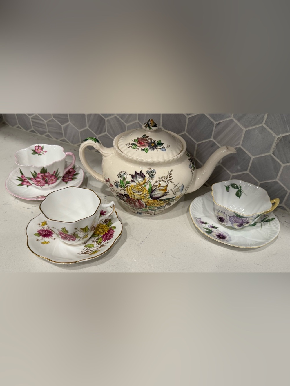 Vintage English Tea Set Windsor Ware Teapot Shelley Royal Dover 3 Cups & Saucers